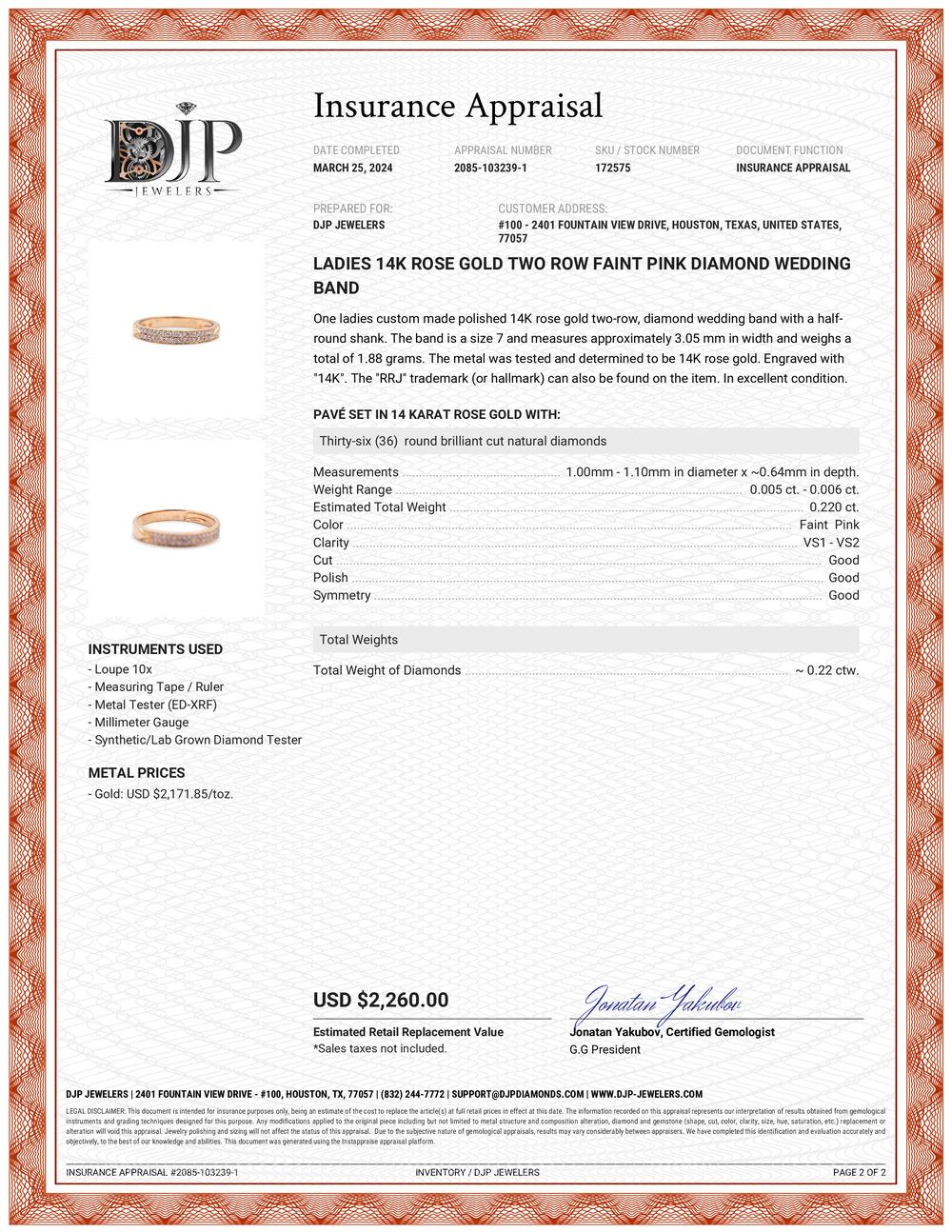 Ladies 14K Rose Gold Two Row Faint Pink Diamond Wedding Band For Sale 2