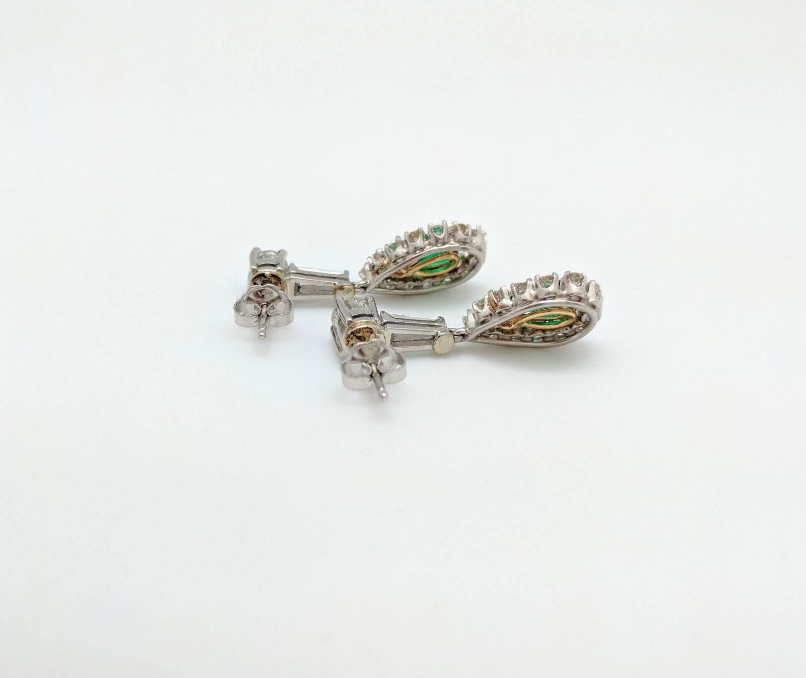 Ladies 14K Two-Tone 3.70ctw Emerald & Diamond Dangle/Drop Earrings SI1, G 2