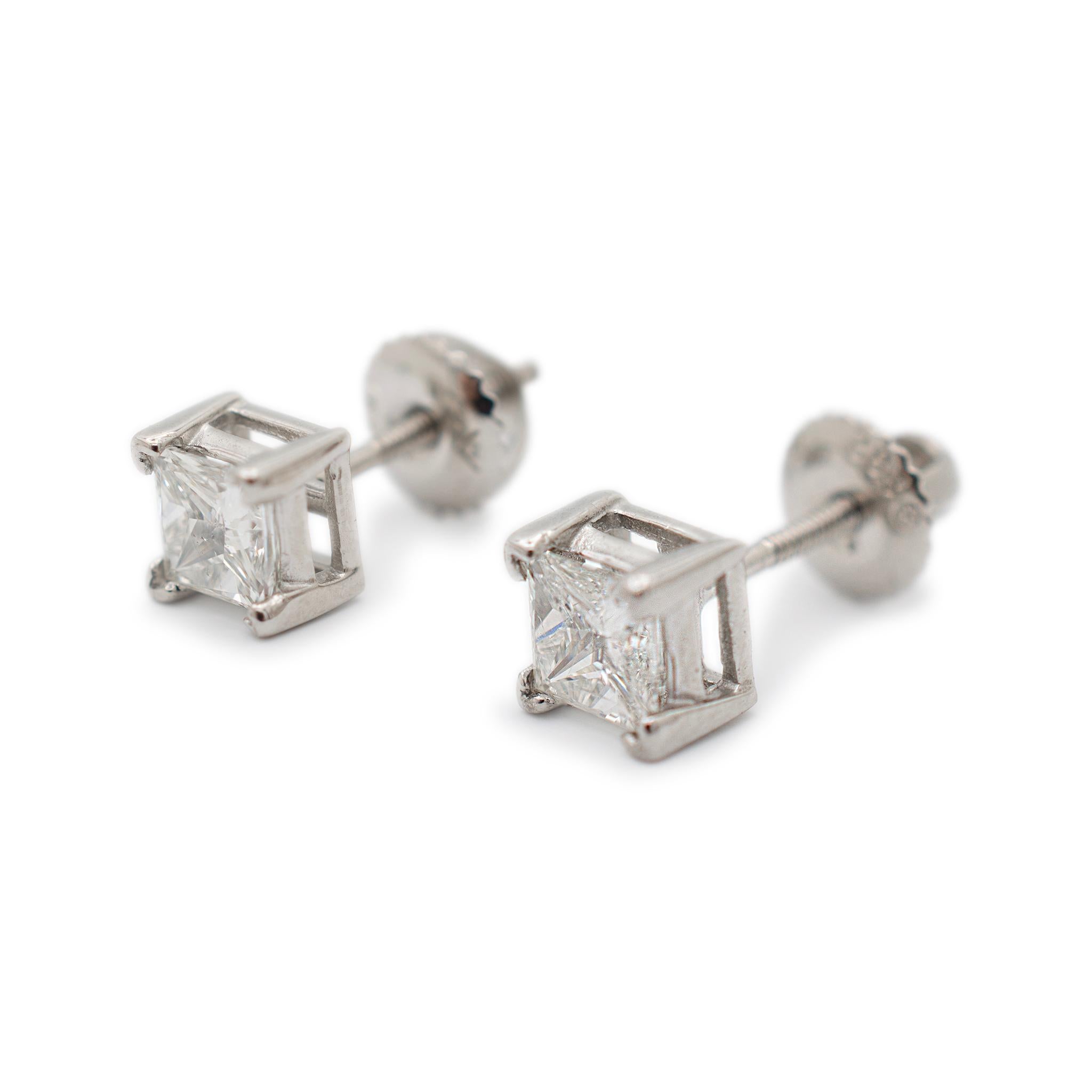 Women's Ladies 14K White Gold 1.00CT Princess Cut Diamond Screw Back Stud Earrings For Sale