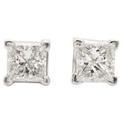 Ladies 14K White Gold 1.00CT Princess Cut Diamond Screw Back Stud Earrings
