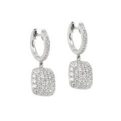 Ladies 14K White Gold 1.11ctw Round Diamond Square Pave Cluster Dangle Earrings