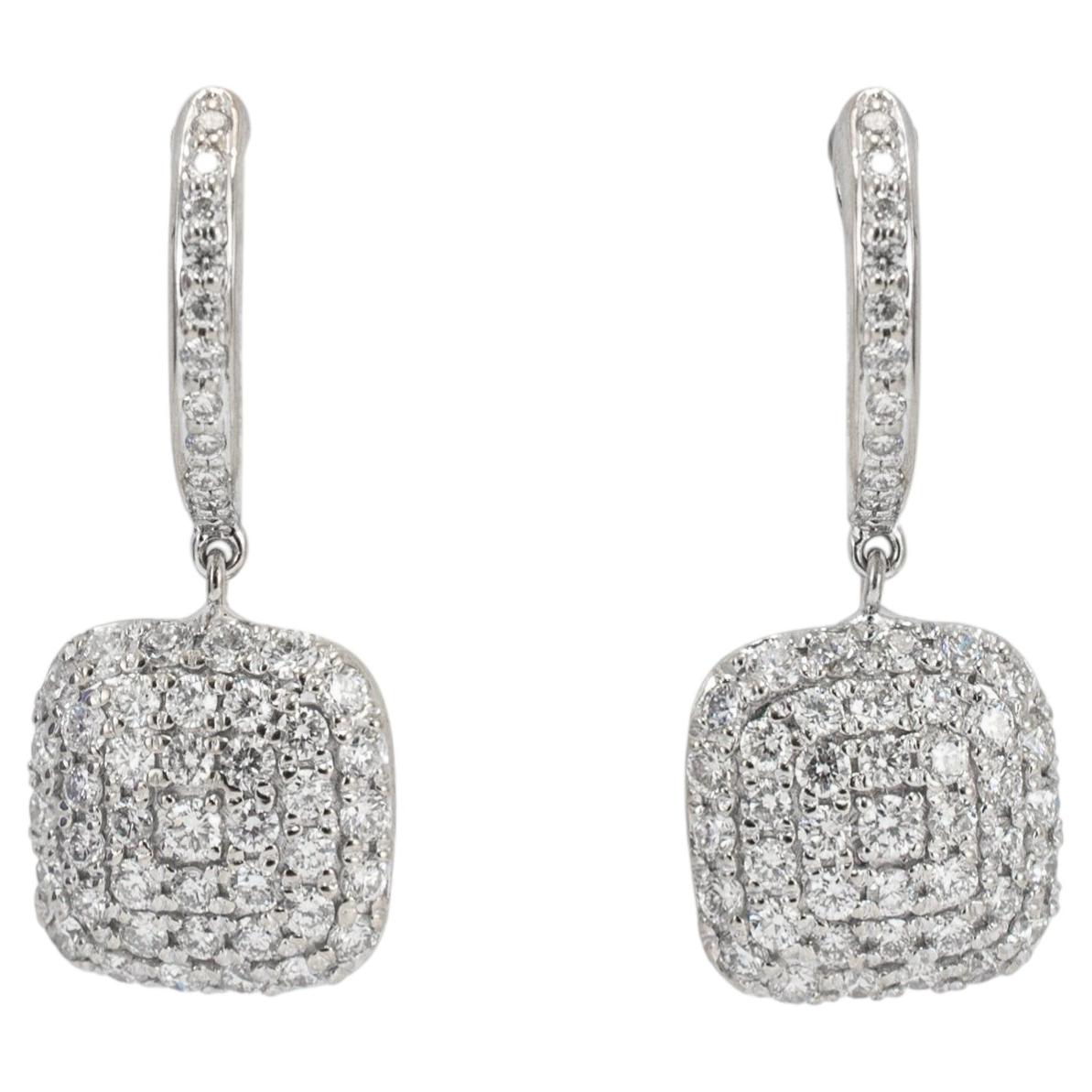 Ladies 14K White Gold 1.11ctw Round Diamond Square Pave Cluster Dangle Earrings
