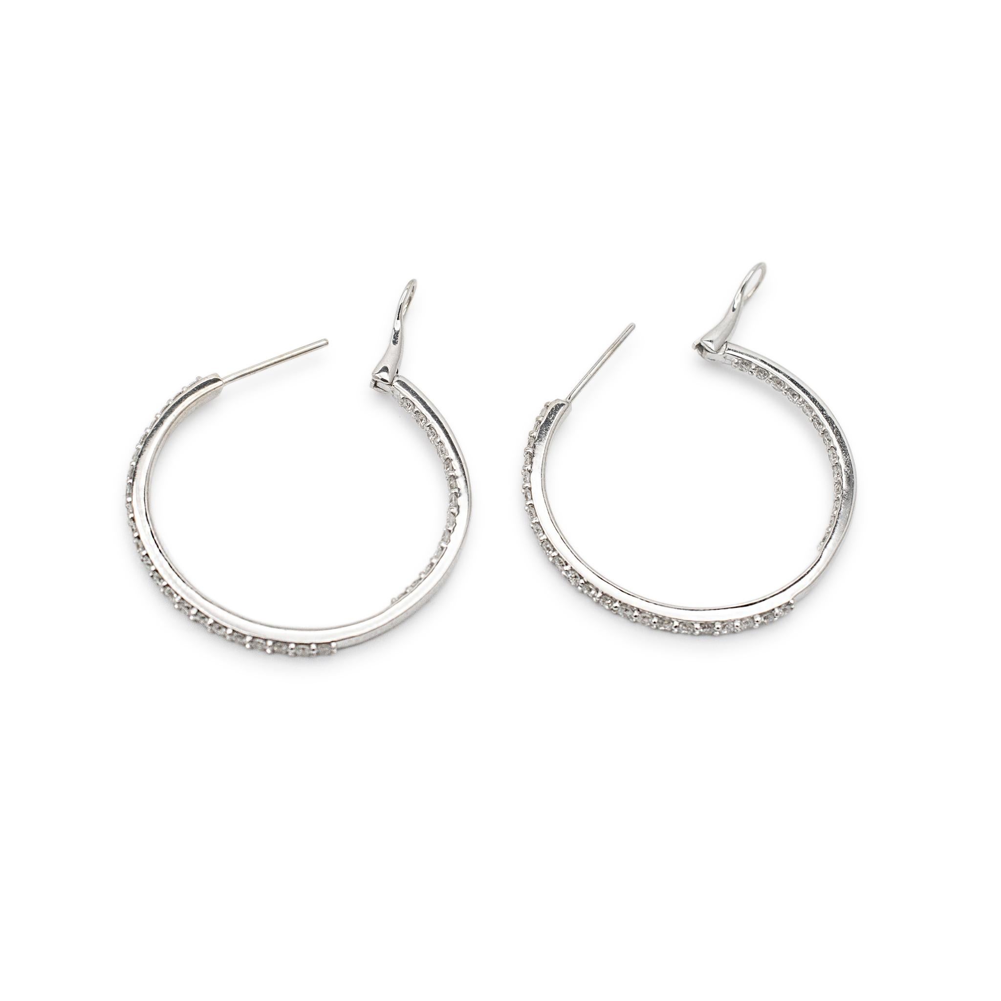 Round Cut Ladies 14K White Gold 1.75ct Inside Out Diamond Hoops Earrings For Sale