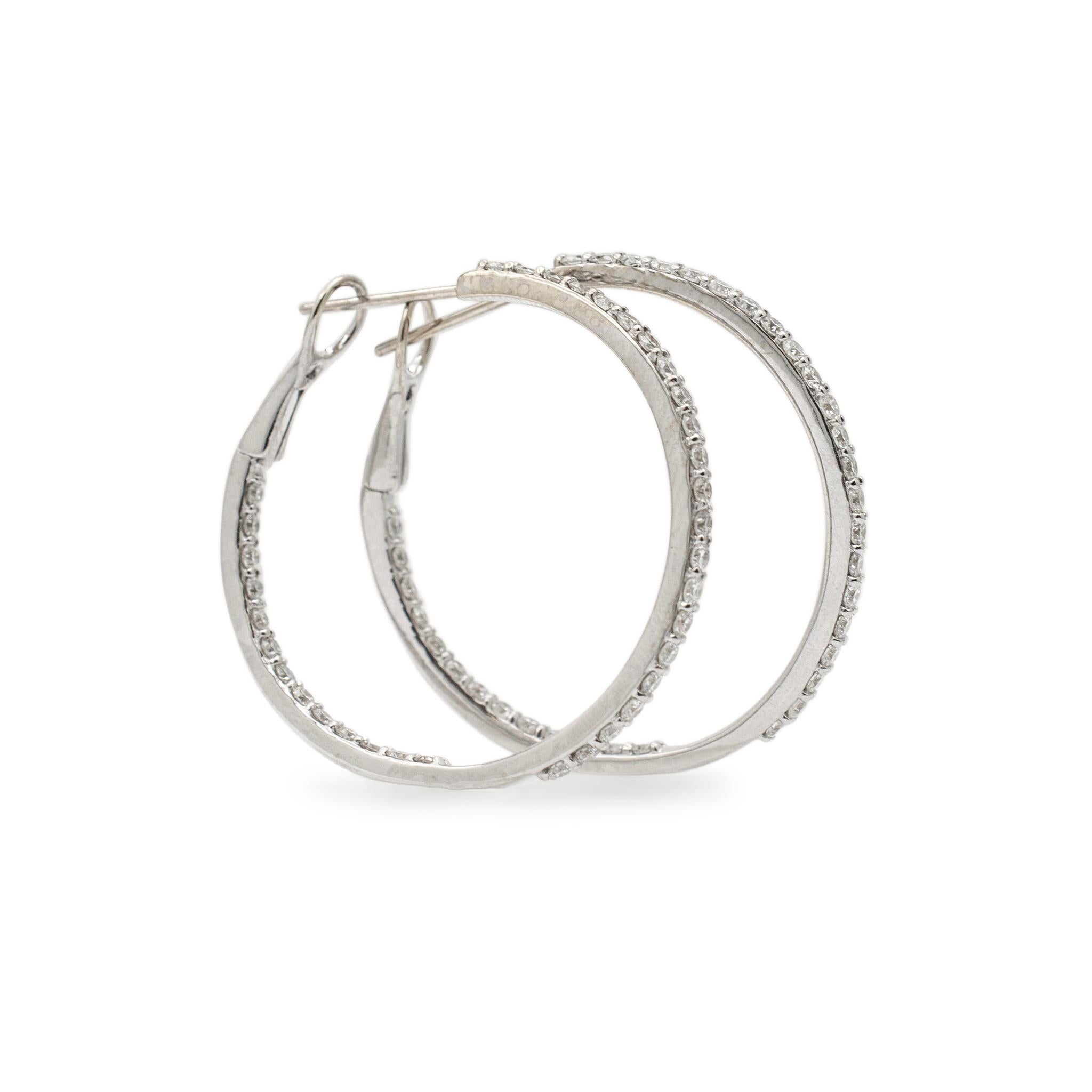 Ladies 14K White Gold 1.75ct Inside Out Diamond Hoops Earrings 1