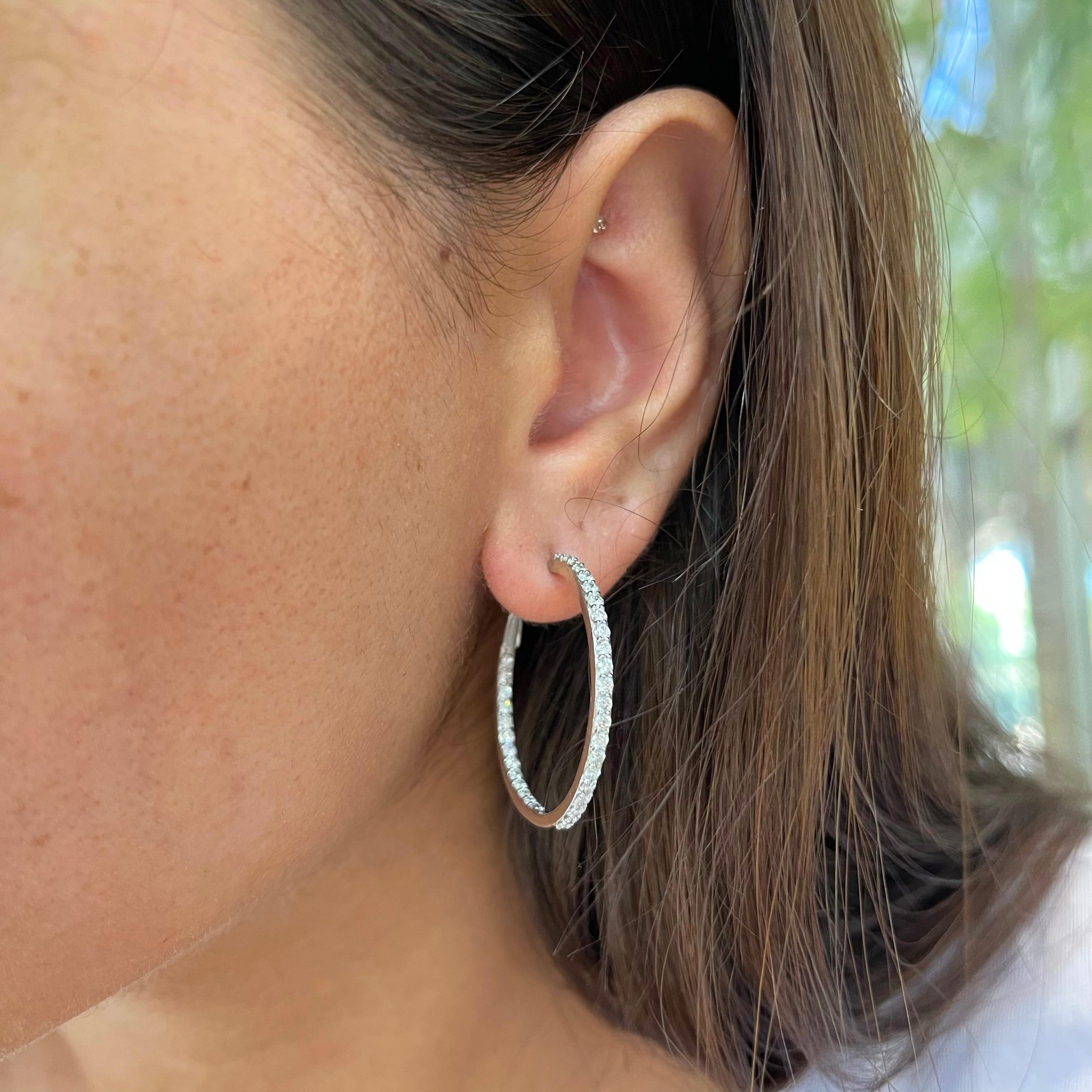 Ladies 14K White Gold 1.75ct Inside Out Diamond Hoops Earrings 3
