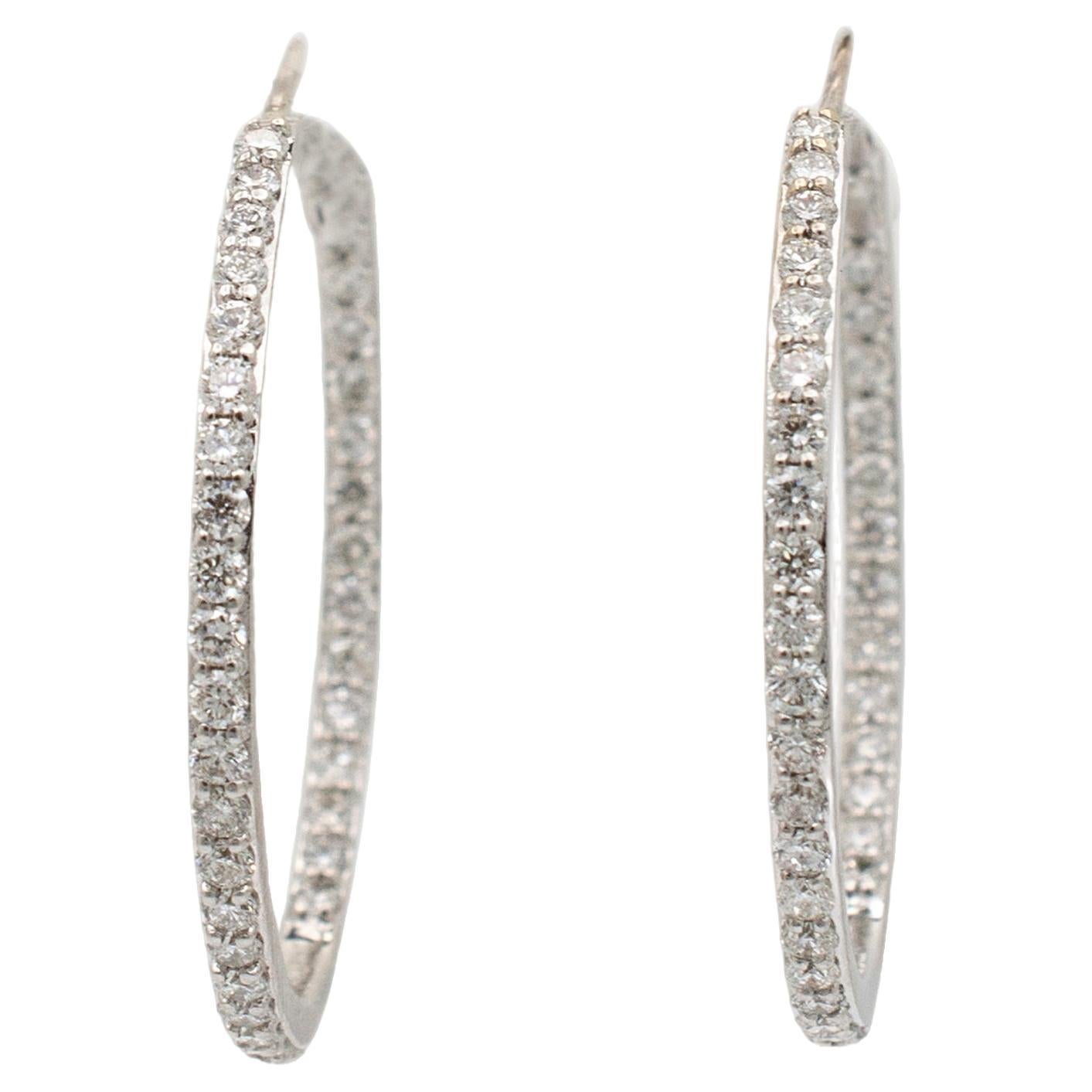 Ladies 14K White Gold 1.75ct Inside Out Diamond Hoops Earrings For Sale