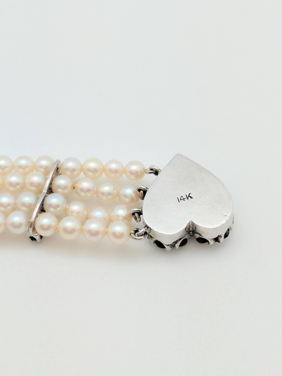 Ladies 14 Karat White Gold 2.86 Carat Sapphire Heart Multi-Strand Pearl Bracelet 4