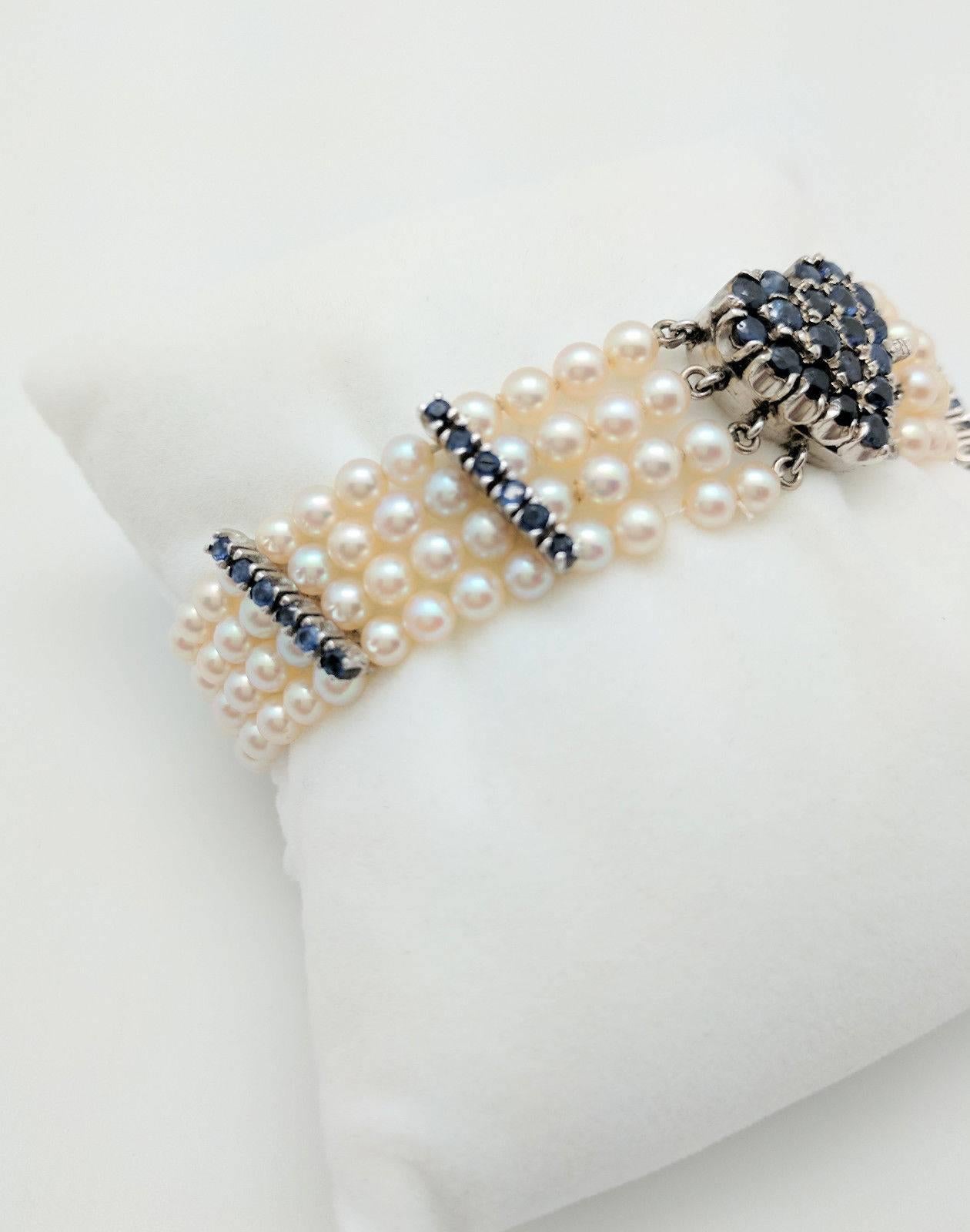 Ladies 14k White Gold 2.86CTW Sapphire Heart Multi-Strand Pearl Bracelet 7
