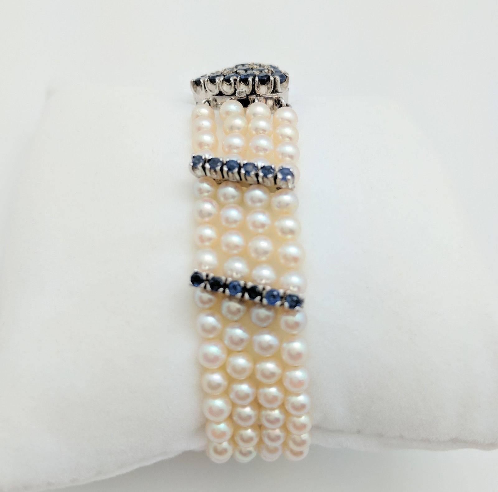 Victorian Ladies 14 Karat White Gold 2.86 Carat Sapphire Heart Multi-Strand Pearl Bracelet