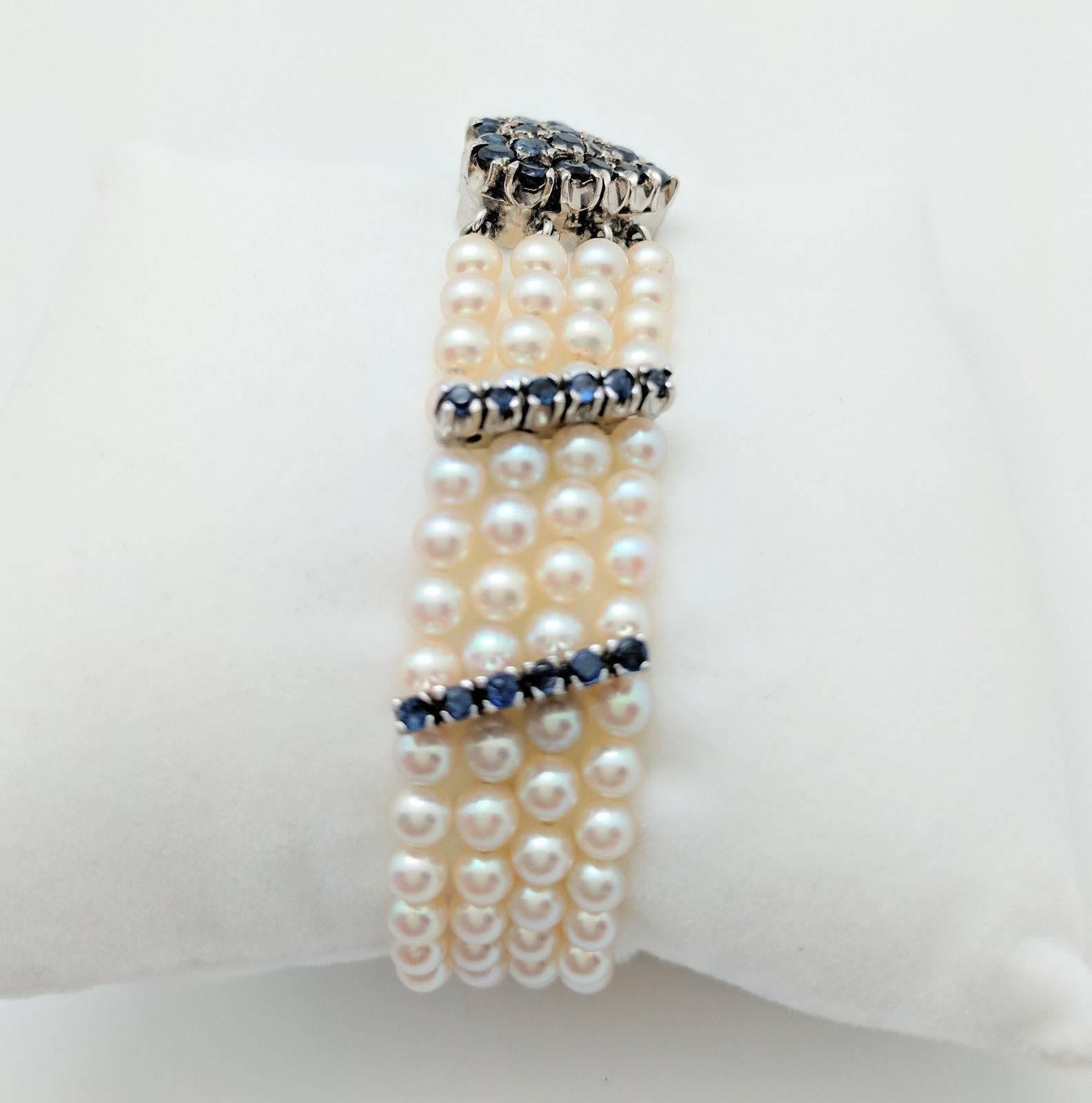 Round Cut Ladies 14 Karat White Gold 2.86 Carat Sapphire Heart Multi-Strand Pearl Bracelet