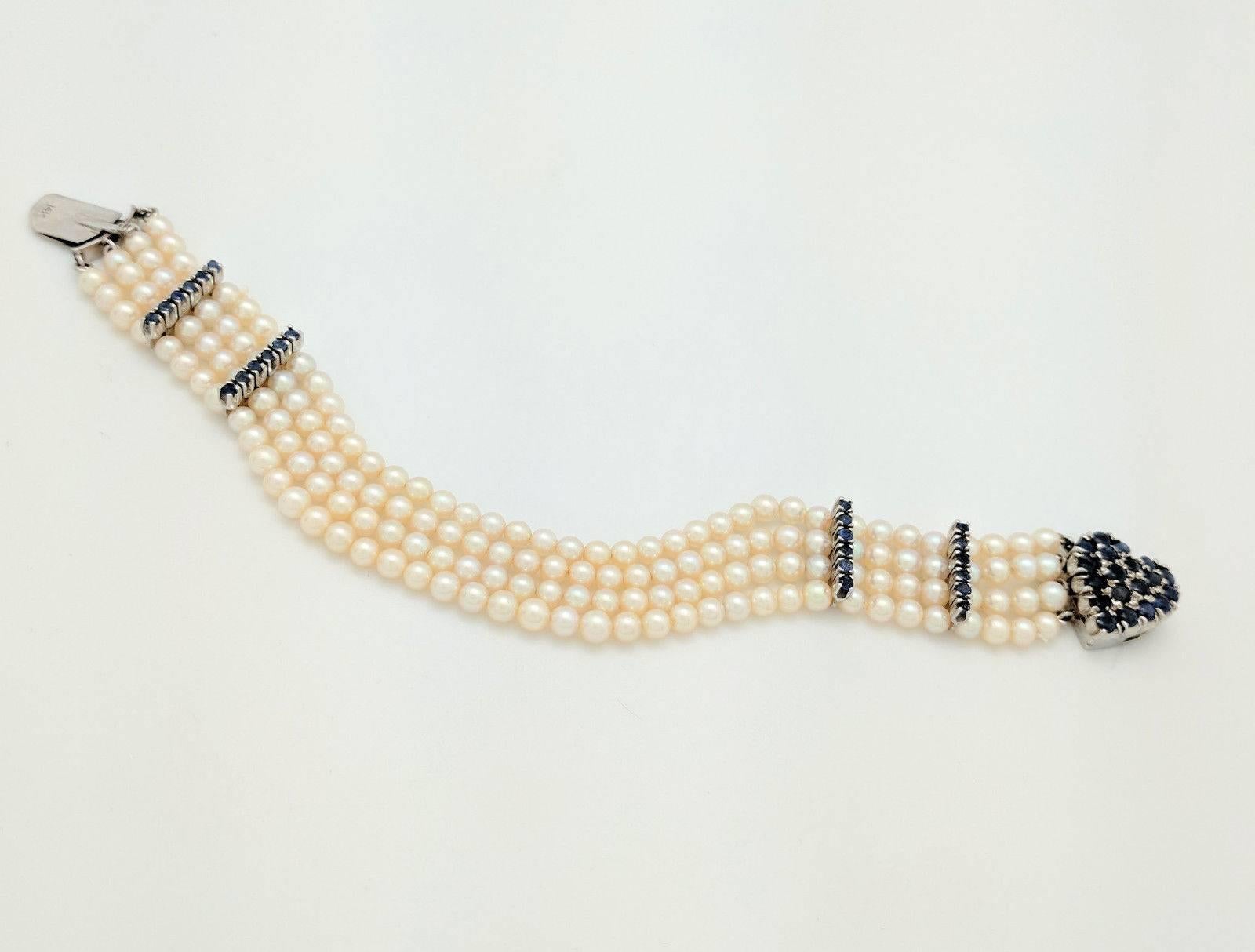 Women's or Men's Ladies 14 Karat White Gold 2.86 Carat Sapphire Heart Multi-Strand Pearl Bracelet