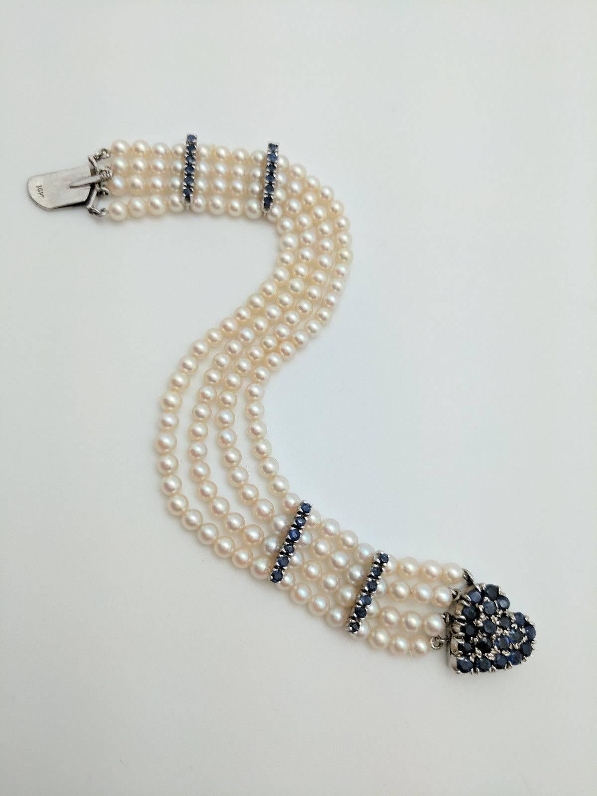 Ladies 14 Karat White Gold 2.86 Carat Sapphire Heart Multi-Strand Pearl Bracelet 1