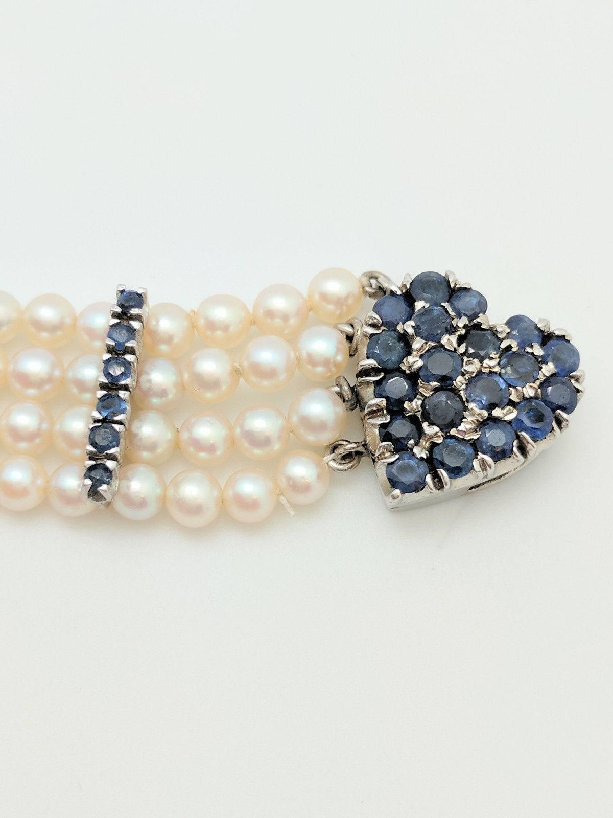 Ladies 14 Karat White Gold 2.86 Carat Sapphire Heart Multi-Strand Pearl Bracelet 2