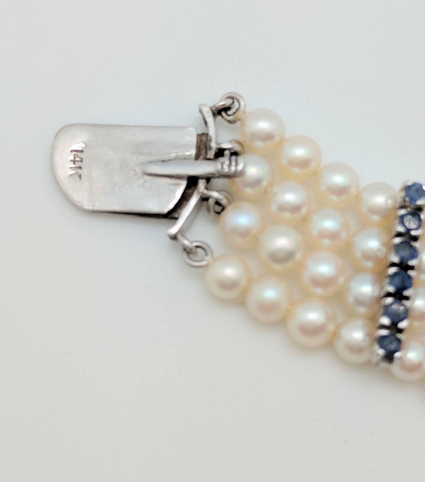 Ladies 14 Karat White Gold 2.86 Carat Sapphire Heart Multi-Strand Pearl Bracelet 3