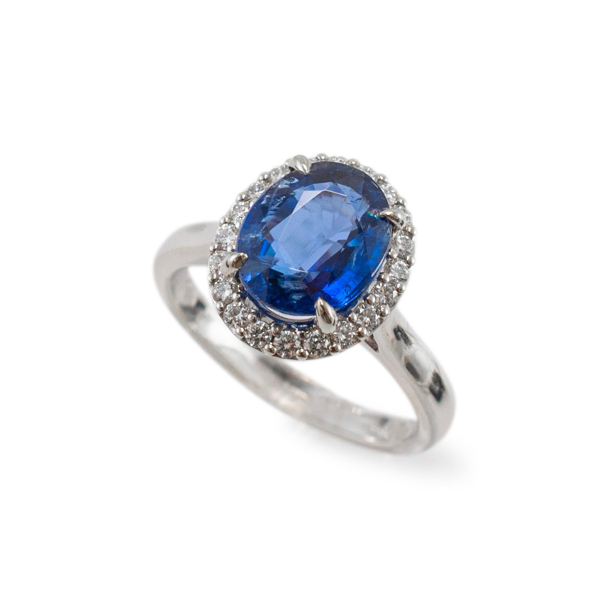 Geschlecht: Damen

Metall Typ: 14K Weißgold

Ringgröße: 7

Gewicht: 5.41 Gramm

Ein Damen-Cocktailring aus rhodiniertem 14-karätigem Weißgold mit Diamanten und Saphiren in Haloform mit halbrundem Schaft.

Abmessungen Kopf: 13,16 mm x 11,15 mm.

Aus