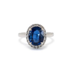 Ladies 14K White Gold 2.95ct Blue Sapphire Halo Diamond Cocktail Ring