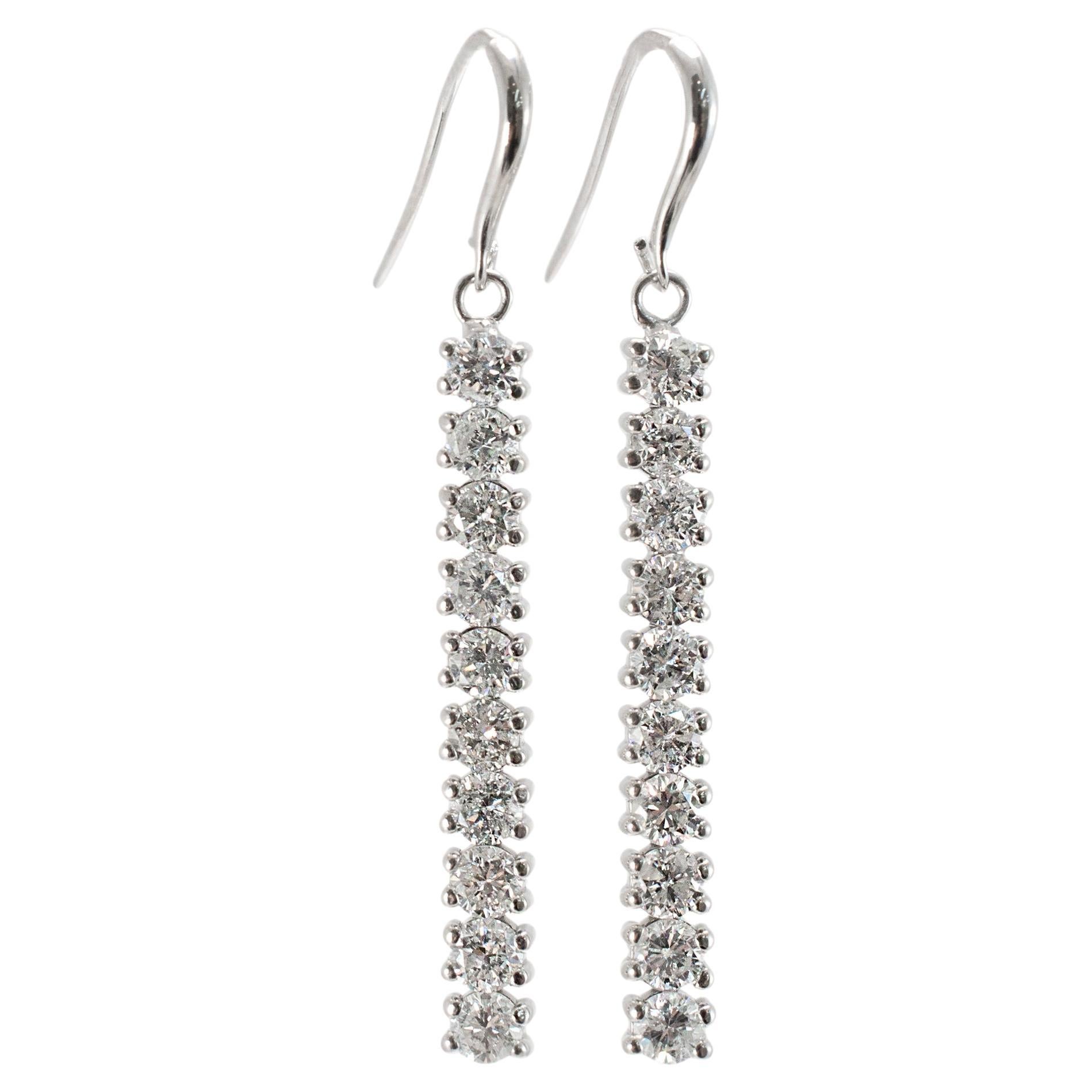 Ladies 14K White Gold 3.02ct Round Diamond Liner Drop Earrings
