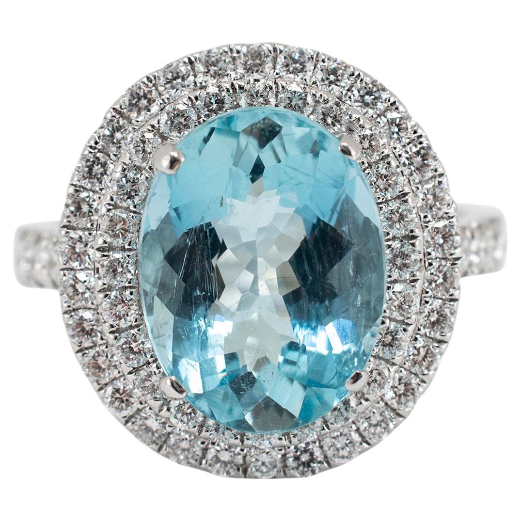 Ladies 14K White Gold 4.52ct Aquamarine Halo Diamond Cocktail Ring