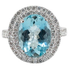 Ladies 14K White Gold 4.52ct Aquamarine Halo Diamond Cocktail Ring