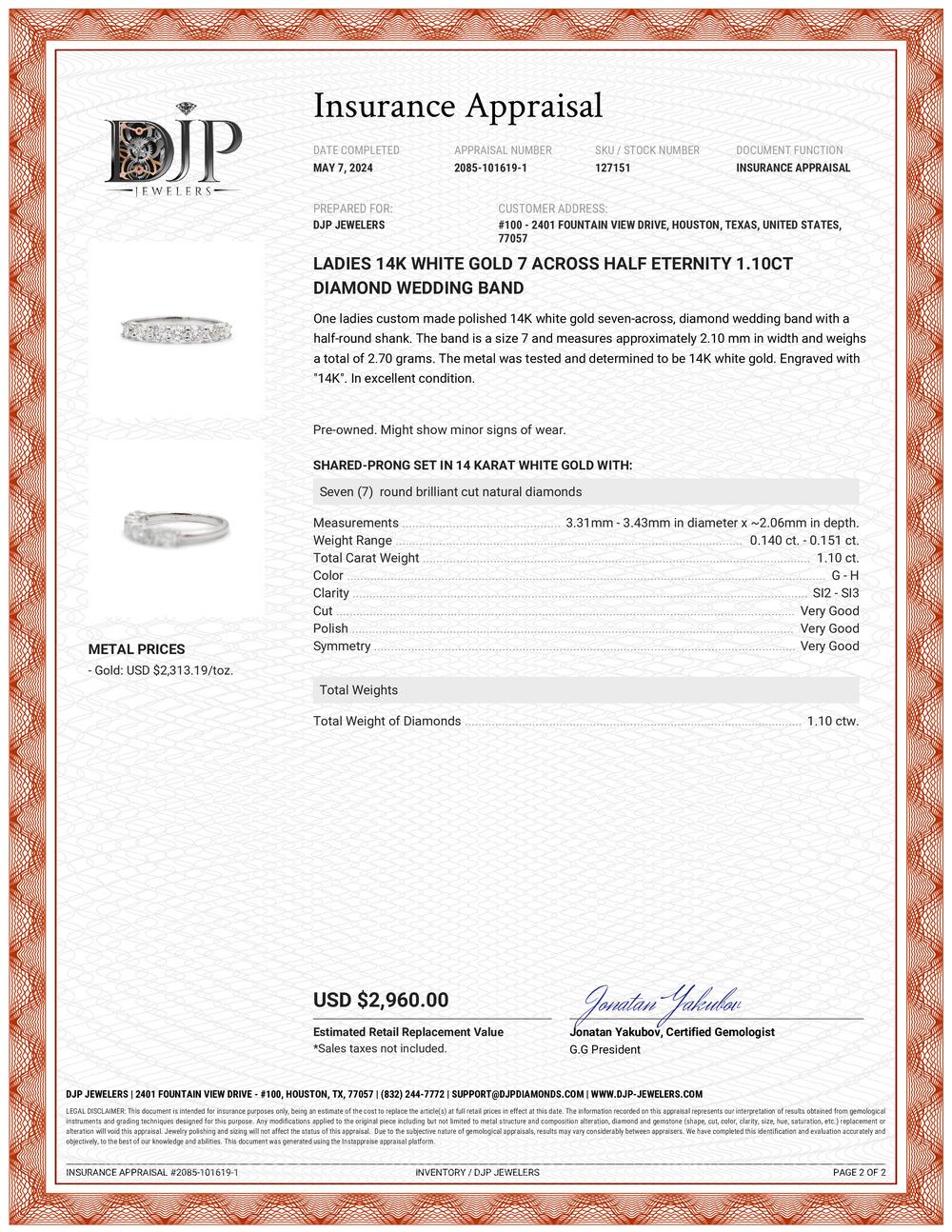 Ladies 14K White Gold 7 Across Half Eternity 1.10CT Diamond Wedding Band For Sale 3