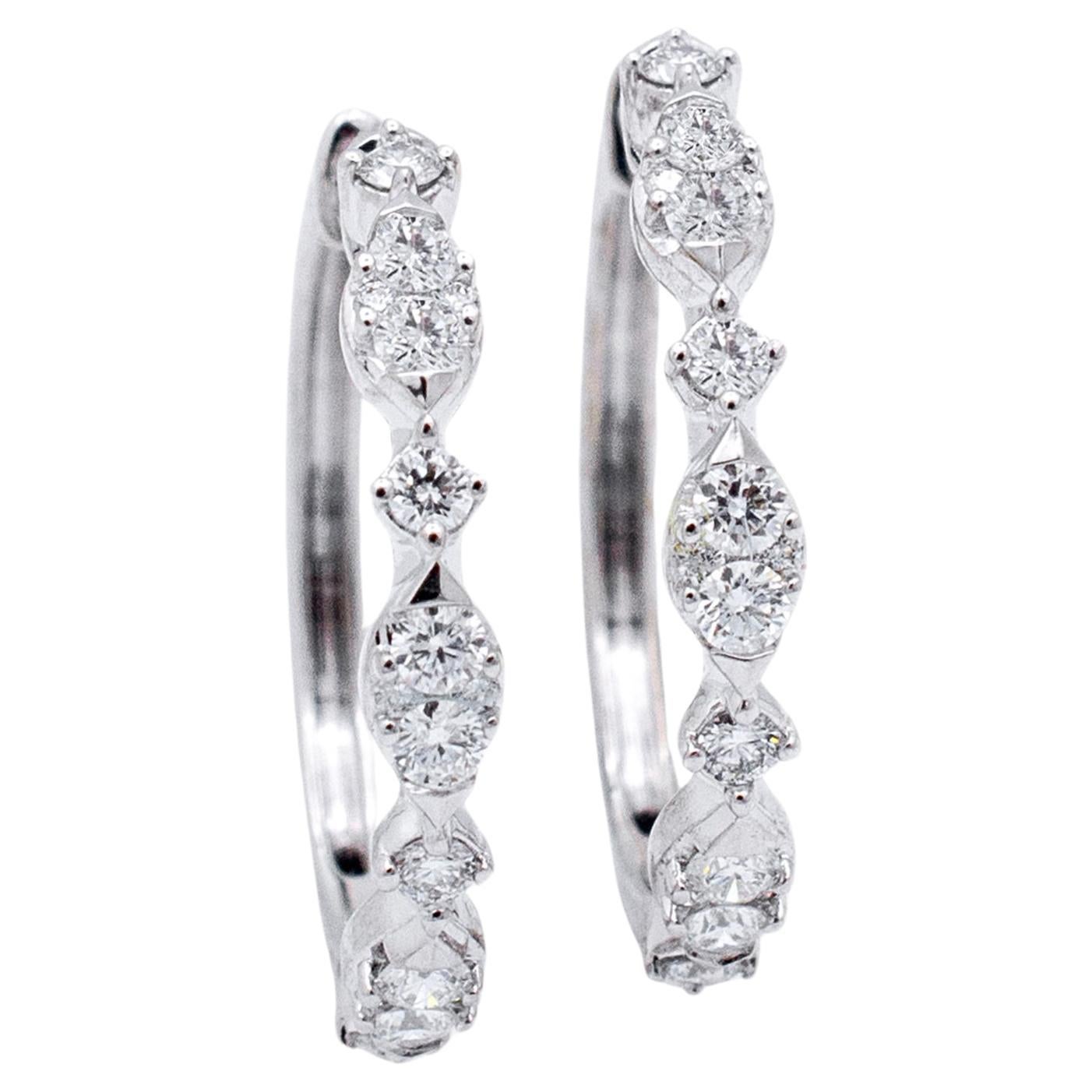 Ladies 14K White Gold Alternate Design Half Eternity Diamond Hoop Earrings