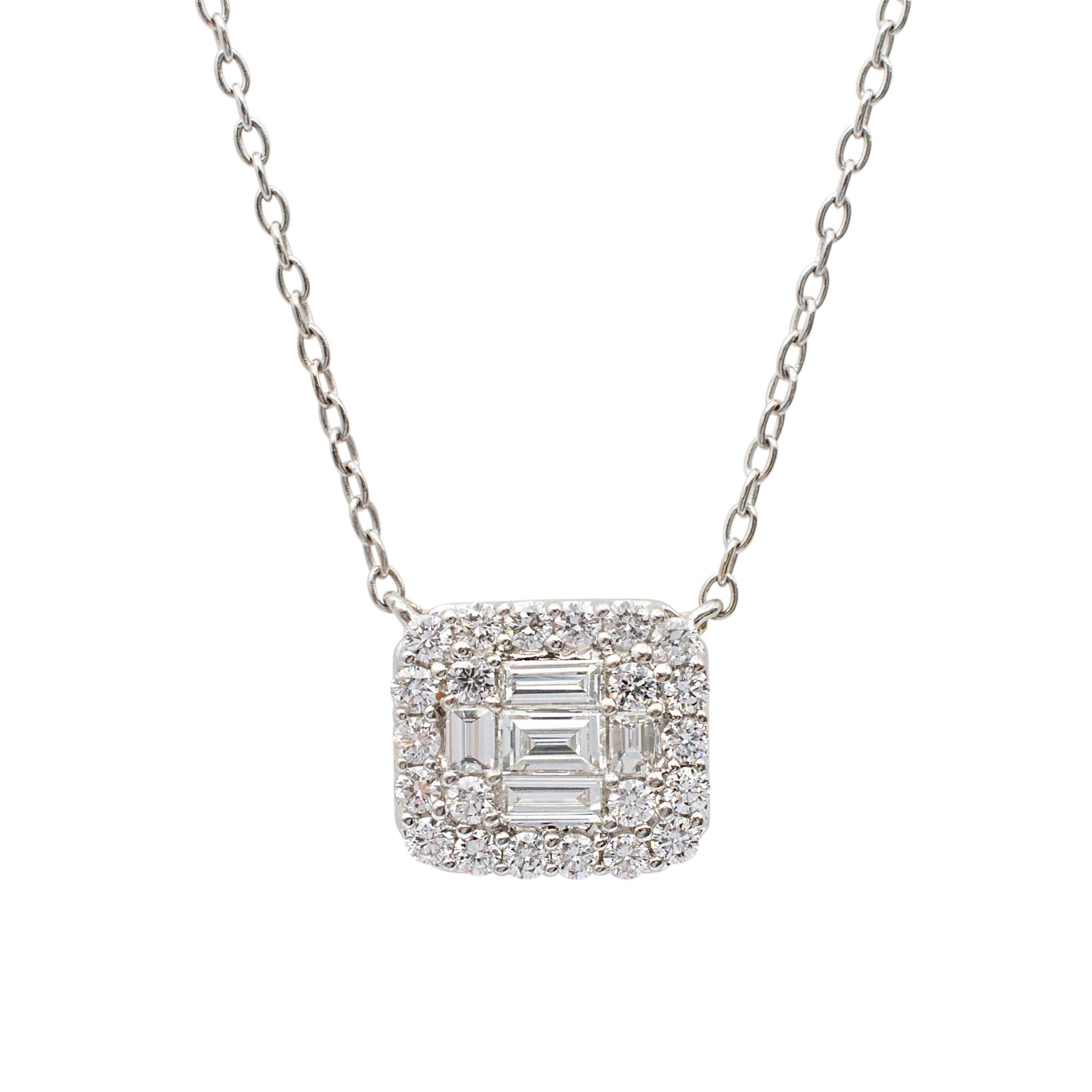 Baguette Cut Ladies 14K White Gold Baguette & Round Diamond Rectangular Pendant Necklace For Sale