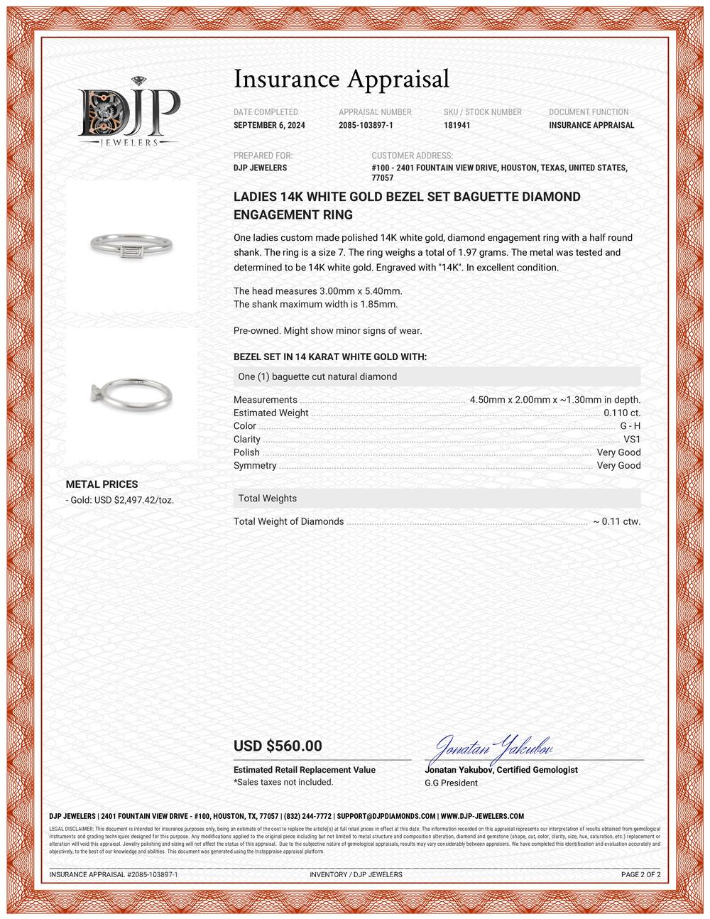 Ladies 14K White Gold Bezel Set Baguette Diamond Engagement Ring 3