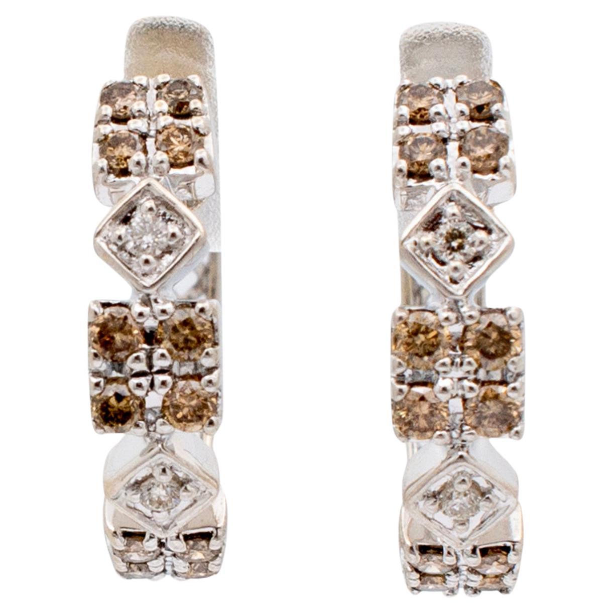 Ladies 14K White Gold Chocolate & White Diamonds Huggie Hoop Earrings For Sale
