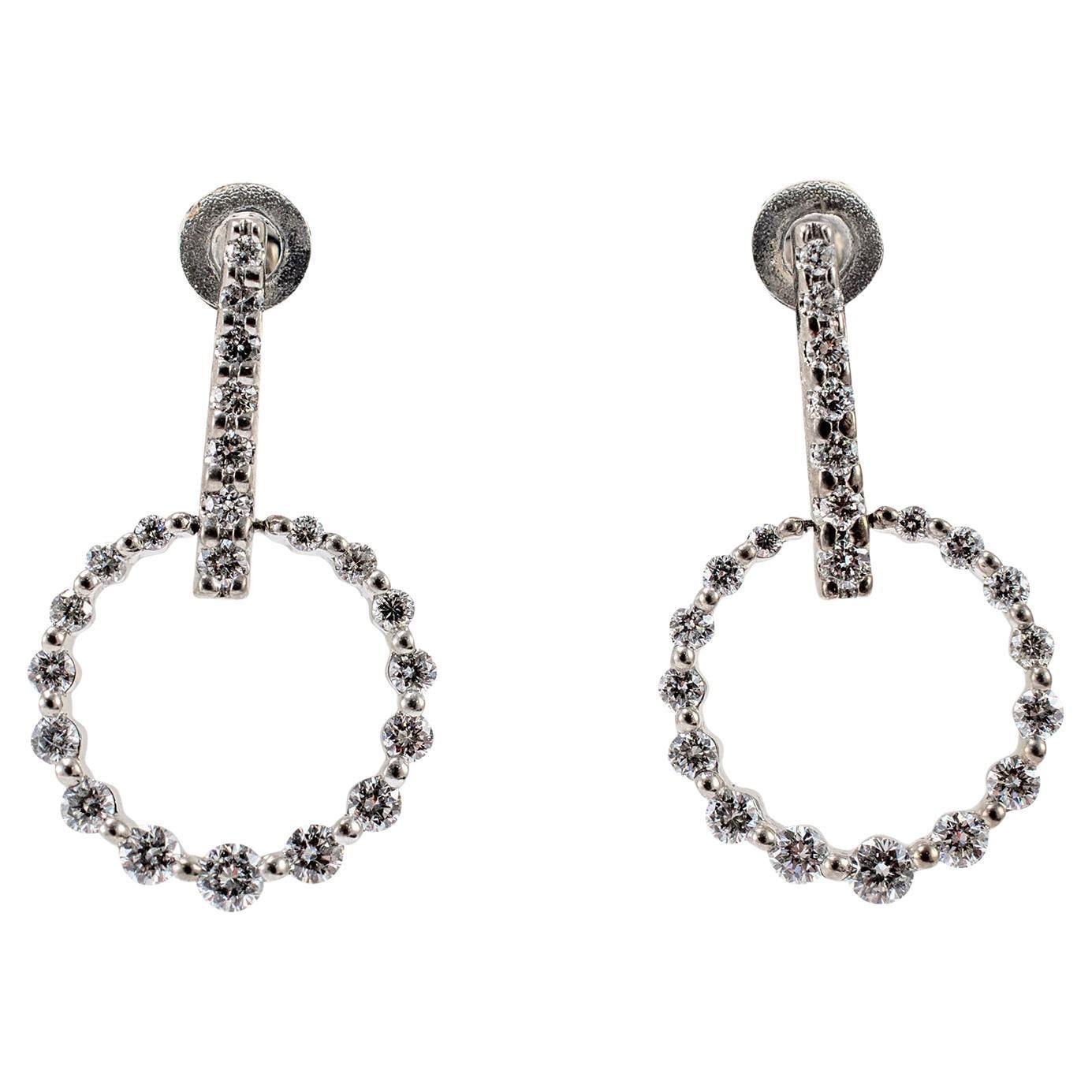 Ladies 14K White Gold Circle Pave Diamond Drop Earrings