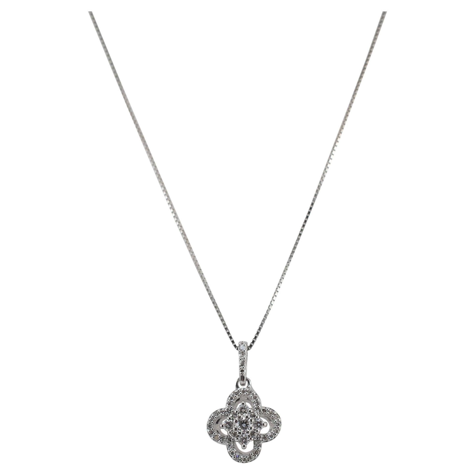 Ladies 14K White Gold Clover Pave Diamond Pendant Necklace