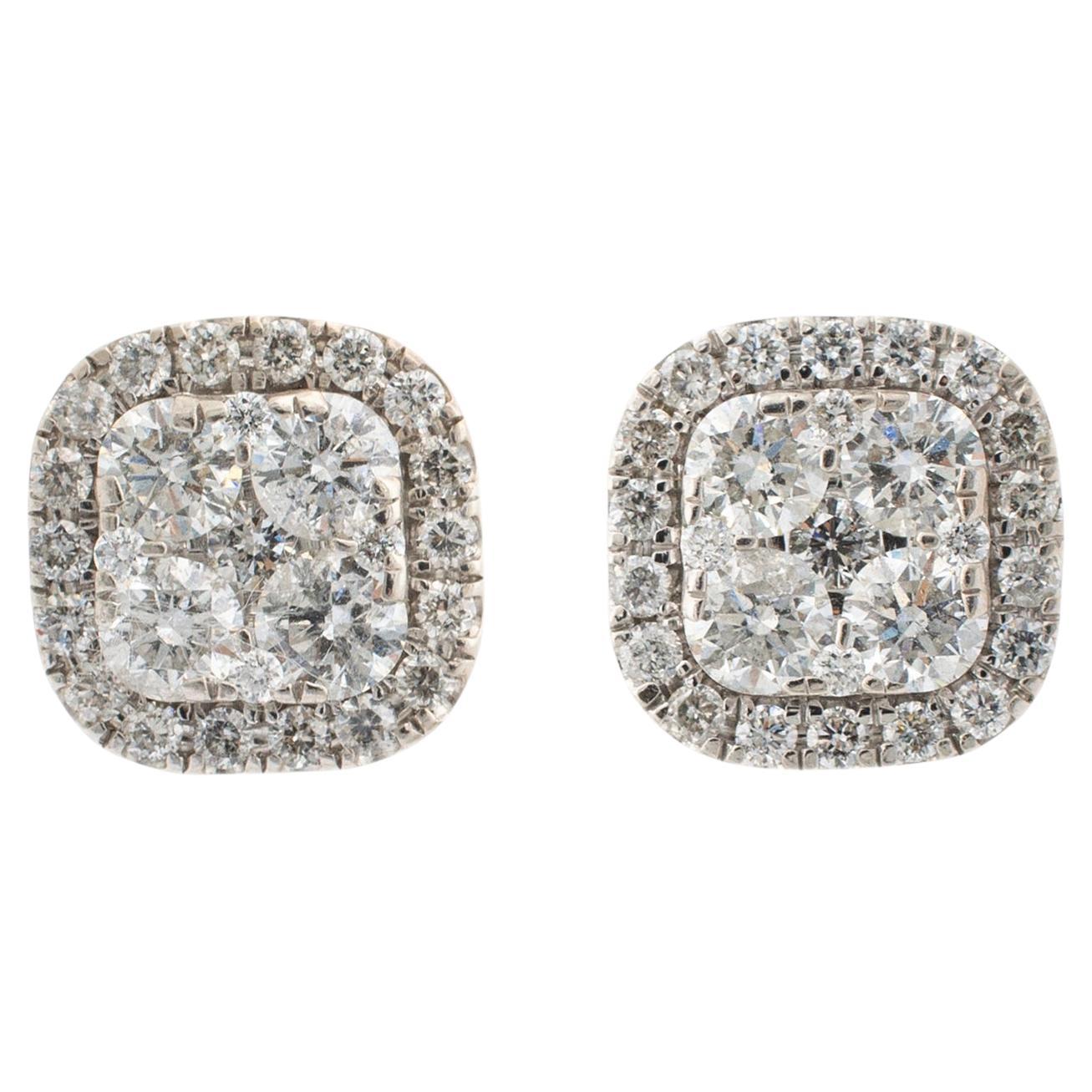 Ladies 14K White Gold Cluster Halo Diamond Square Stud Earrings For Sale