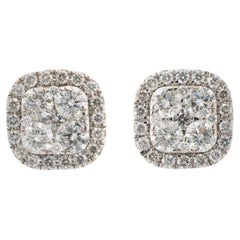 Boucles d'oreilles carrées en or blanc 14K pour dames avec halo et diamants