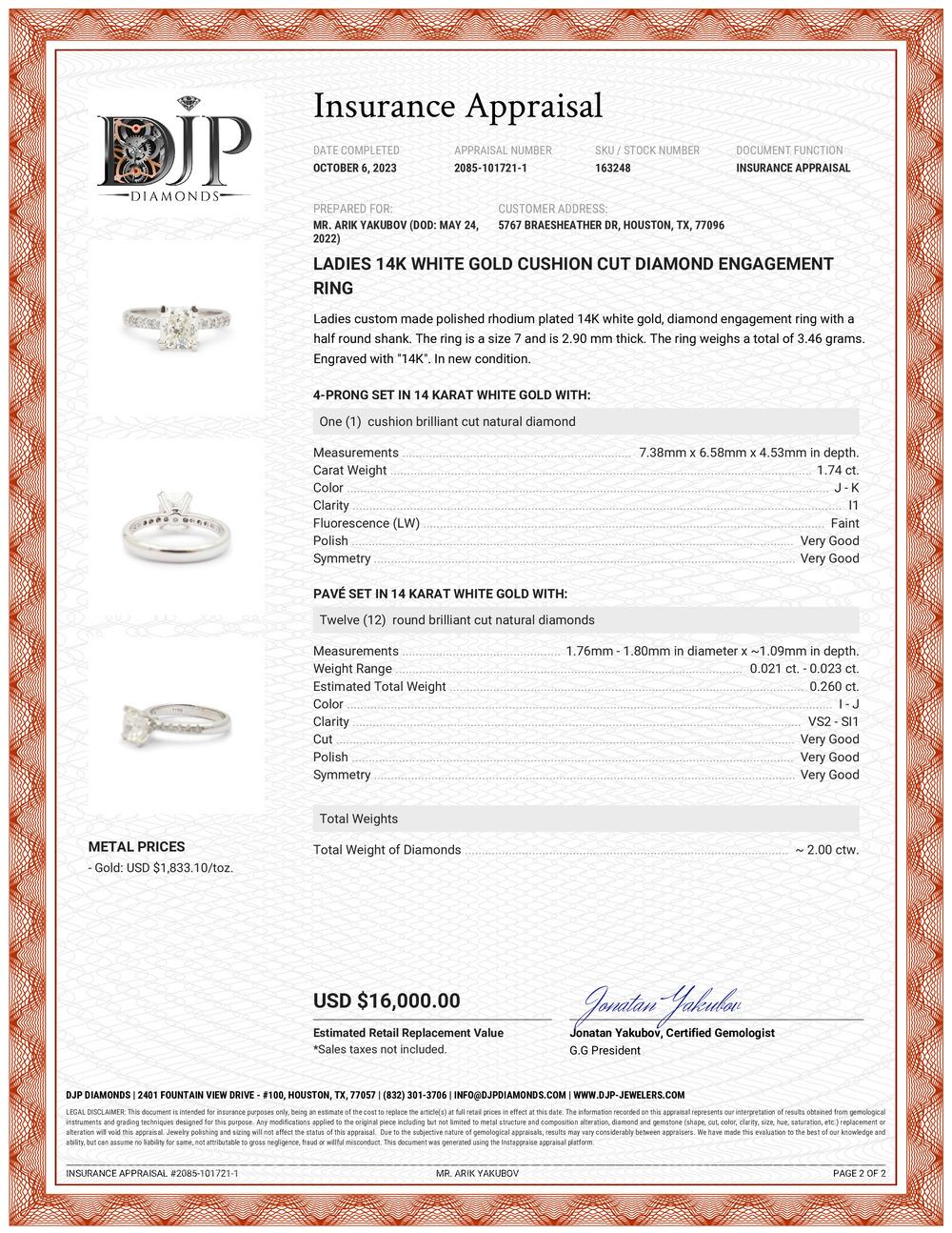Ladies 14K White Gold Cushion Cut Diamond Engagement Ring For Sale 4