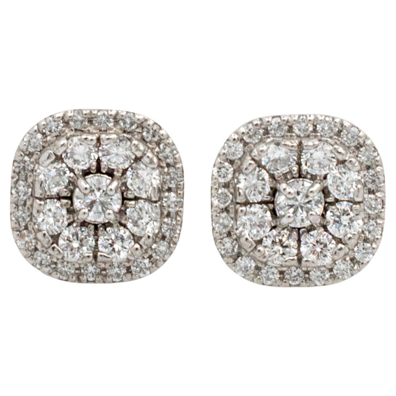 Ladies 14K White Gold Cushion Shaped Cluster Diamond Stud Earrings