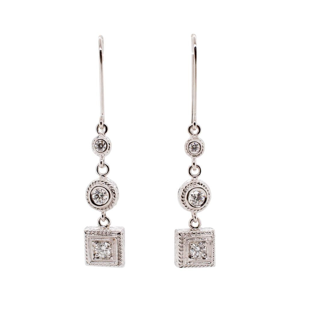 Round Cut Ladies 14K White Gold Dangle Diamond Earrings For Sale