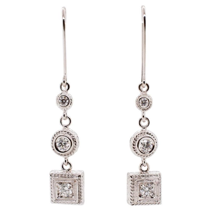 Ladies 14K White Gold Dangle Diamond Earrings For Sale
