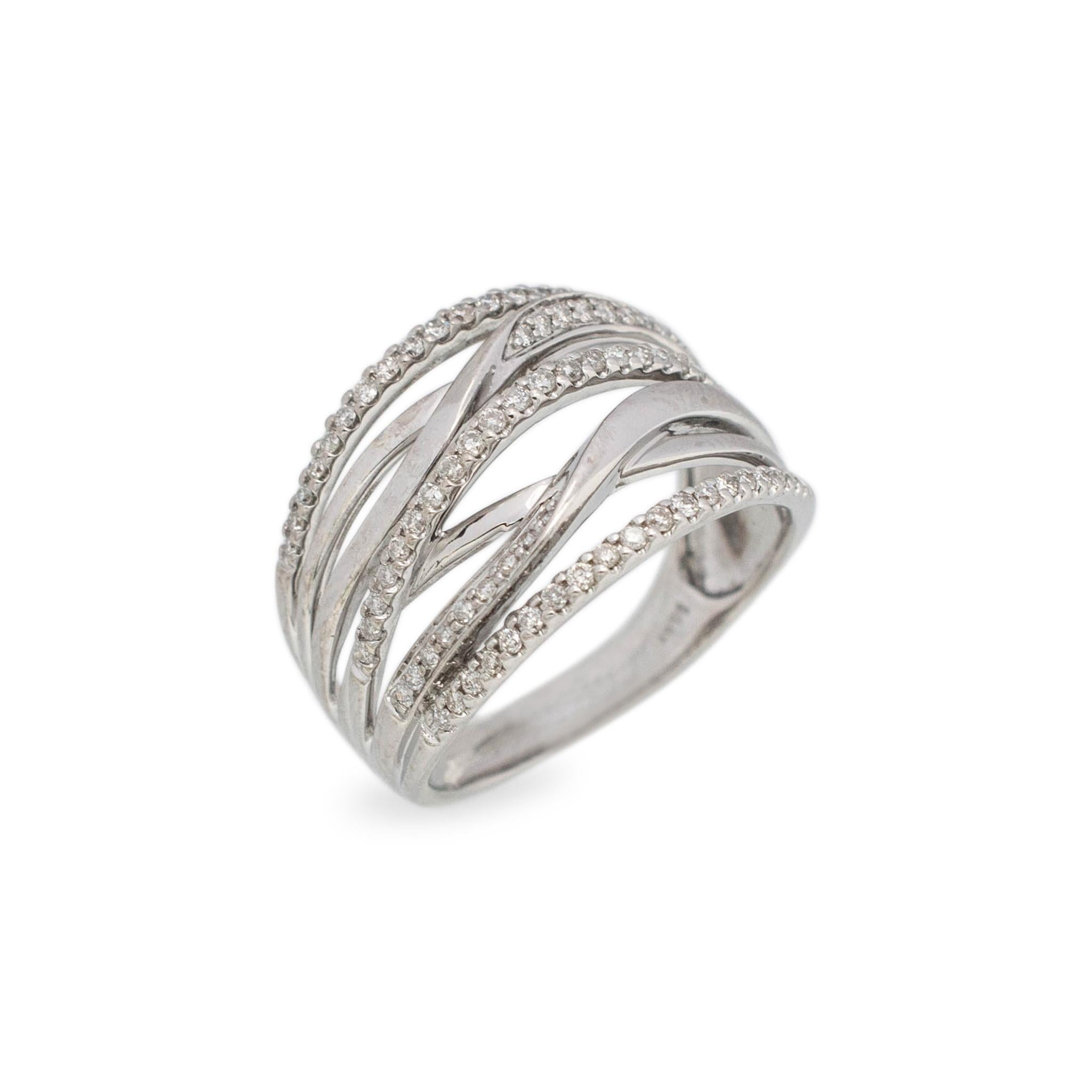 

Gender: Ladies

Material: 14K White Gold

Size: 8.5

Width: 15.30 mm tapering to 3.15 mm

Weight: 5.30Grams

Ladies 14K white gold diamond cocktail ring with a tapered, comfort-fit shank. Engraved with 