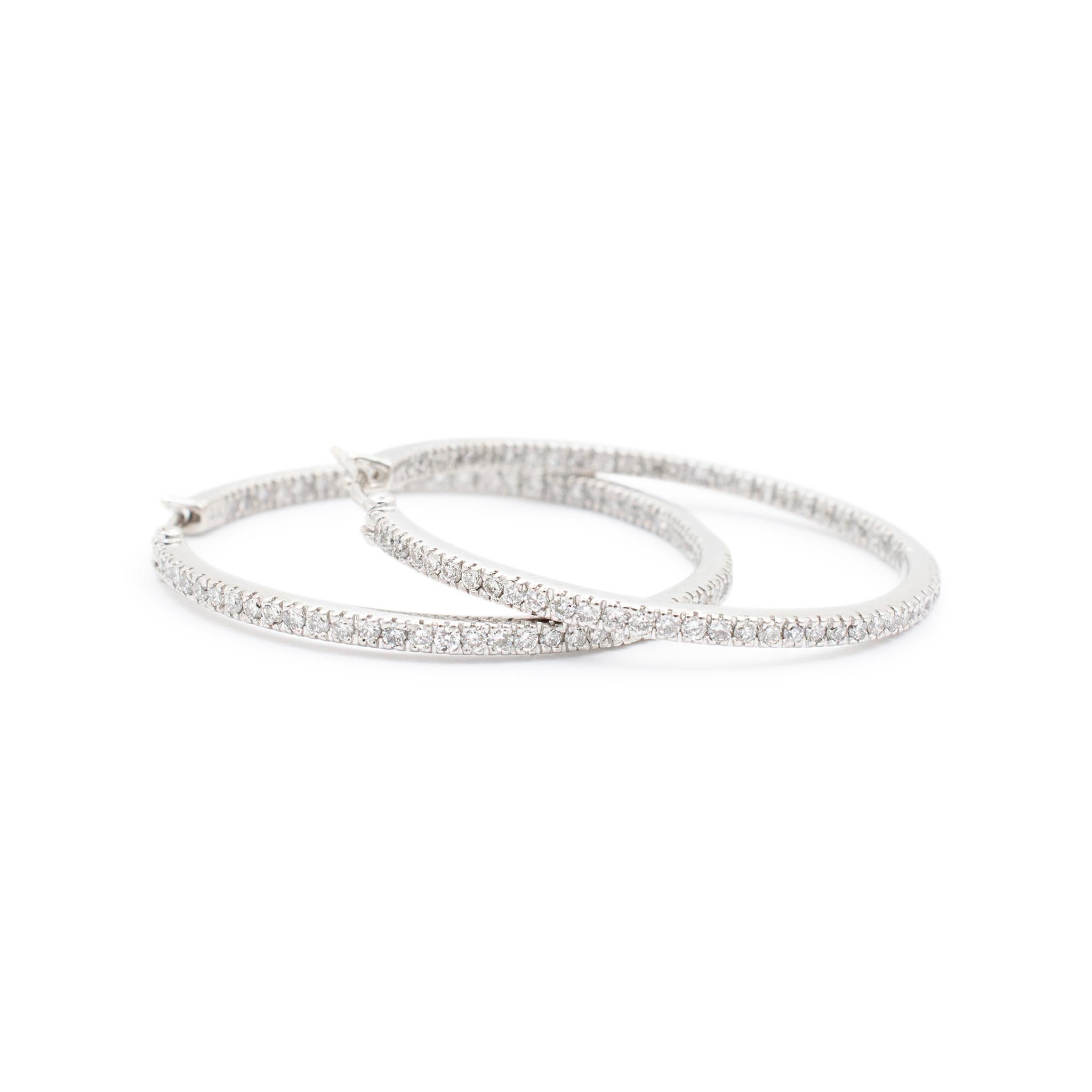 Women's Ladies 14k White Gold Diamond Inside Out Hoop Earrings For Sale