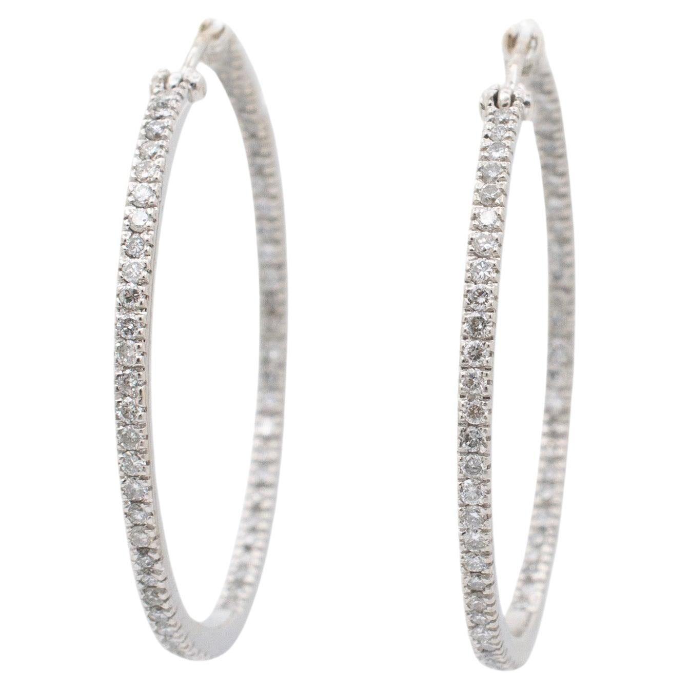 Ladies 14k White Gold Diamond Inside Out Hoop Earrings For Sale