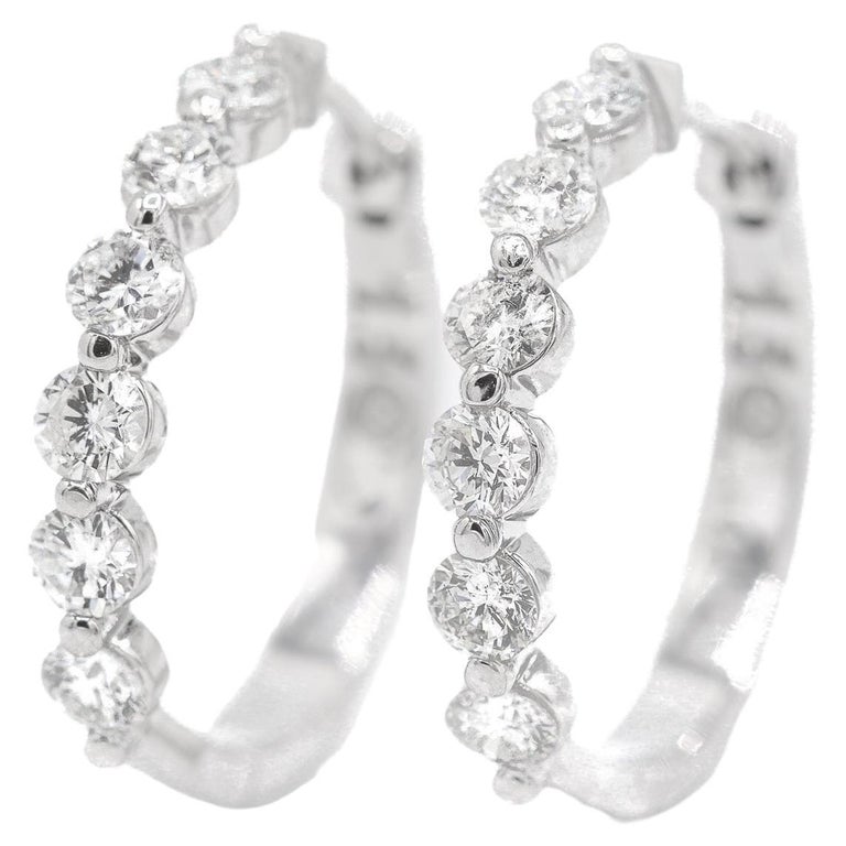 Ladies 14K White Gold Diamond Small Hoops Earrings For Sale at 1stDibs