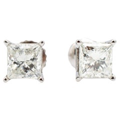 Ladies 14K White Gold Diamond Square Princess Stud Earrings