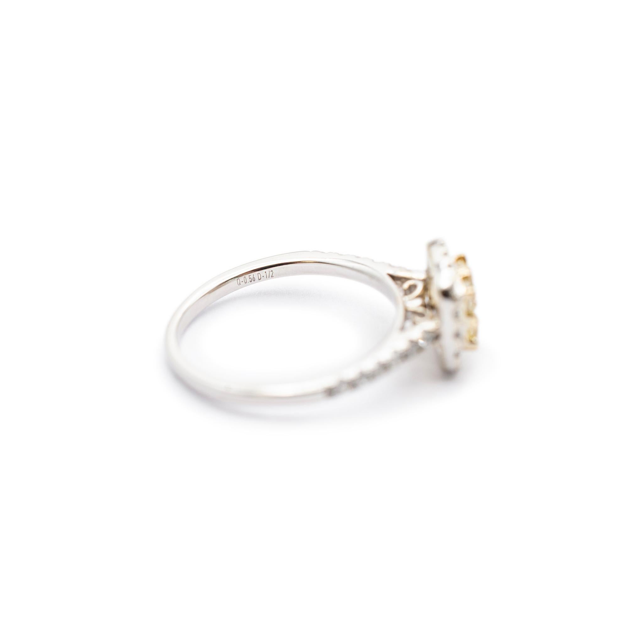 Women's Ladies 14K White Gold Fancy Light Yellow Cushion Halo Diamond Engagement Ring For Sale