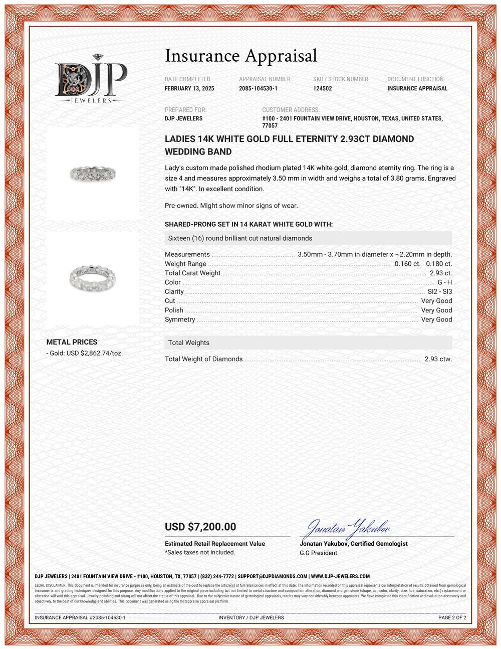 Ladies 14K White Gold Full Eternity 2.93ct Diamond Wedding Band For Sale 2