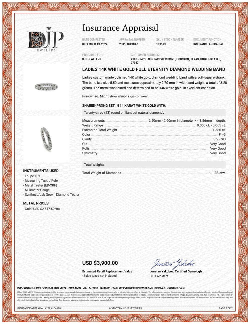 Women's Ladies 14K White Gold Full Eternity Diamond Wedding Band