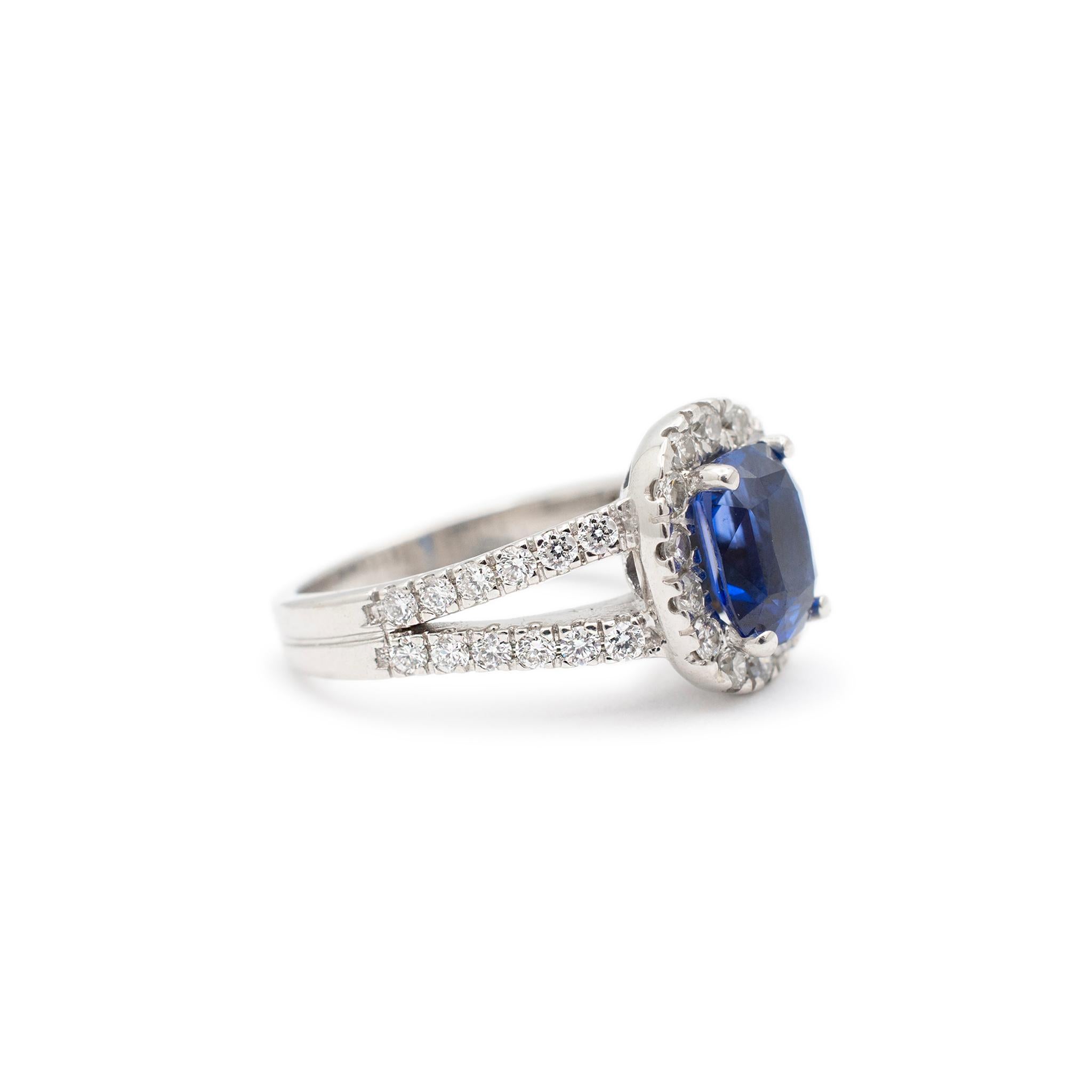 Square Cut Ladies 14K White Gold Gia Sapphire Halo Accented Diamond Cocktail Ring For Sale