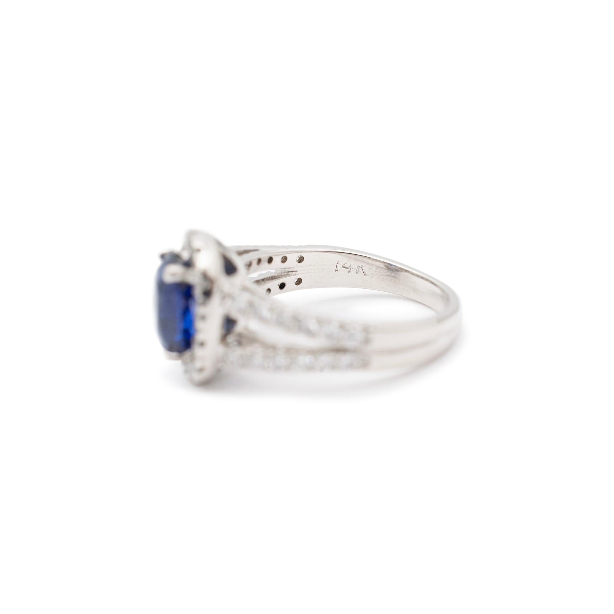 Women's Ladies 14K White Gold Gia Sapphire Halo Accented Diamond Cocktail Ring For Sale