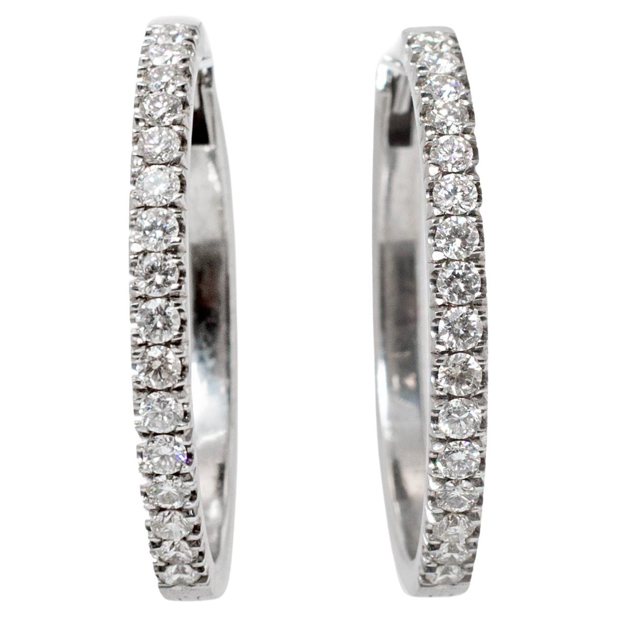 Ladies 14K White Gold Half Eternity 1.22ct Pave Diamond Hoop Ears