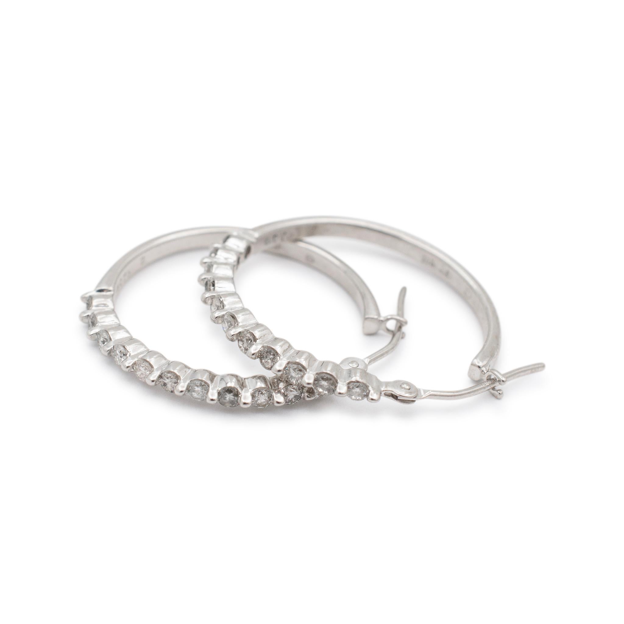 Ladies 14K White Gold Half Eternity Diamond Hoop Earrings For Sale 1