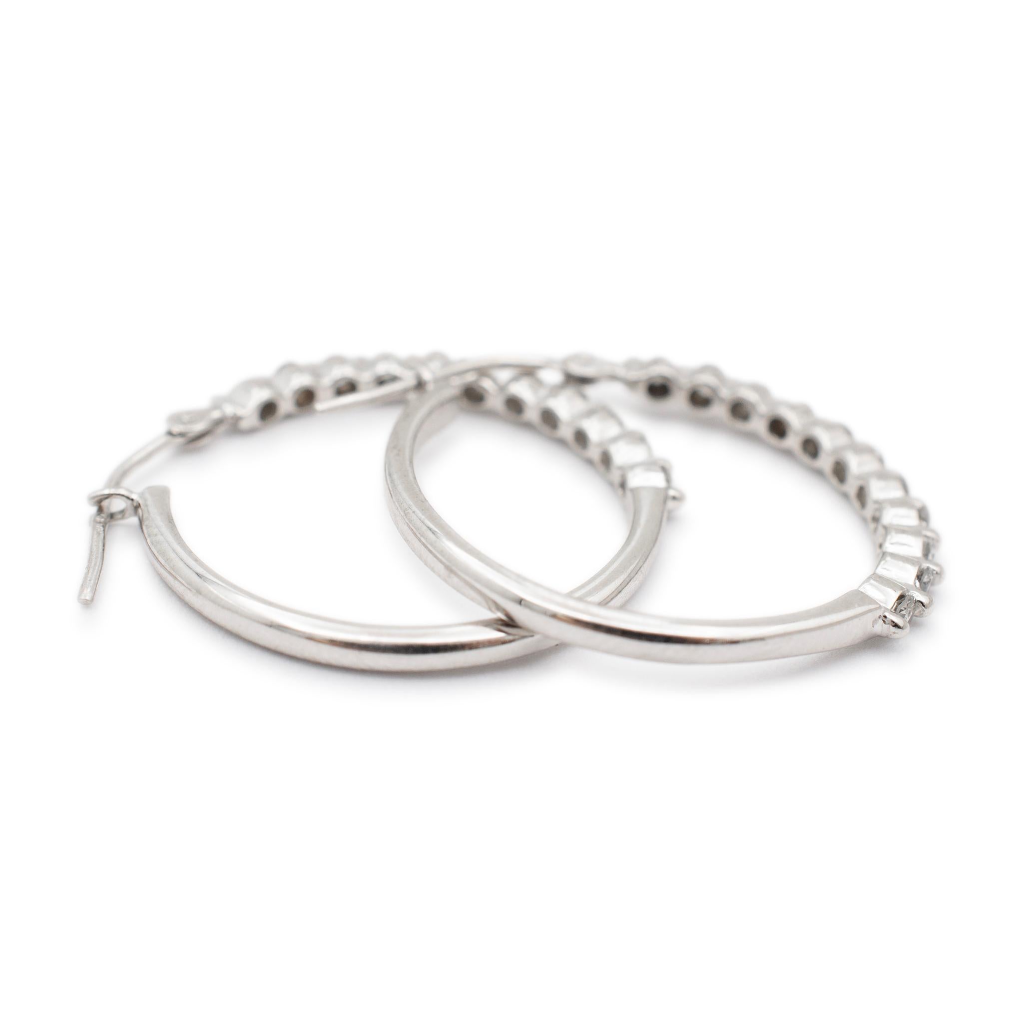 Ladies 14K White Gold Half Eternity Diamond Hoop Earrings For Sale 2
