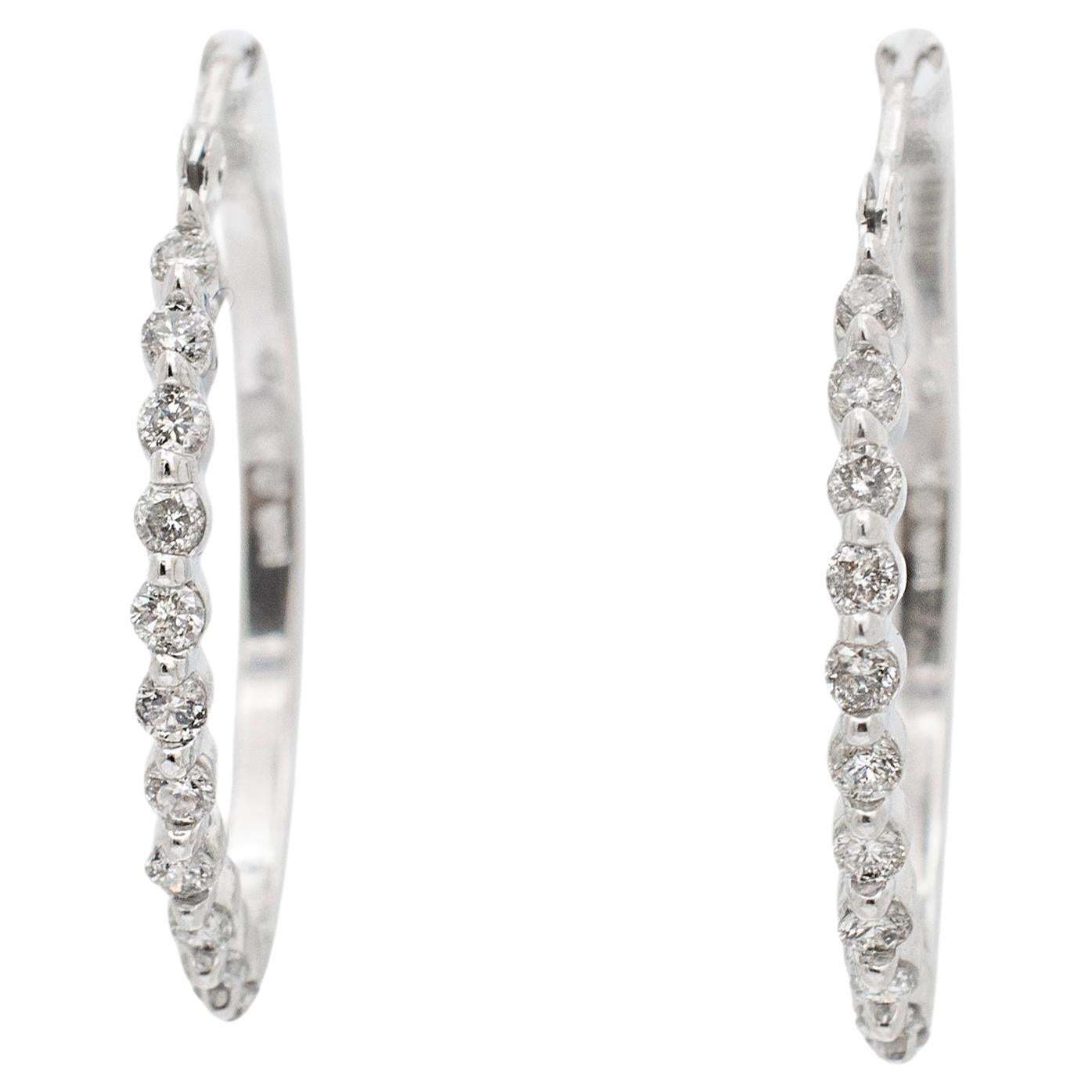 Ladies 14K White Gold Half Eternity Diamond Hoop Earrings For Sale